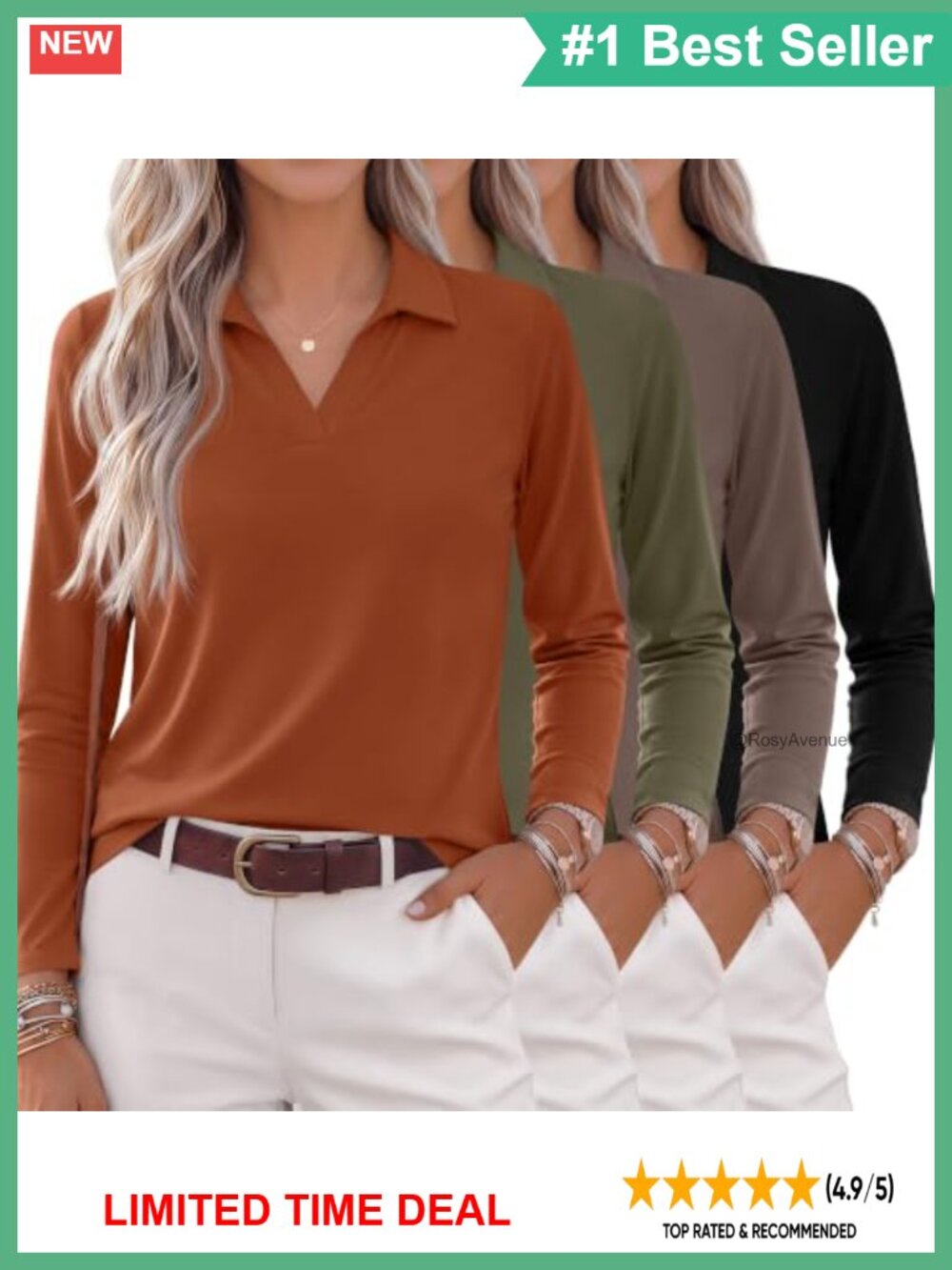 4 Pack Women's Long Sleeve Polo Shirts Loose Fit V-Neck Work Tops Tunic